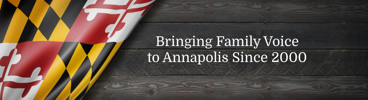 Maryland flag draped over dark wood planks with words bringing family voice to annapolis