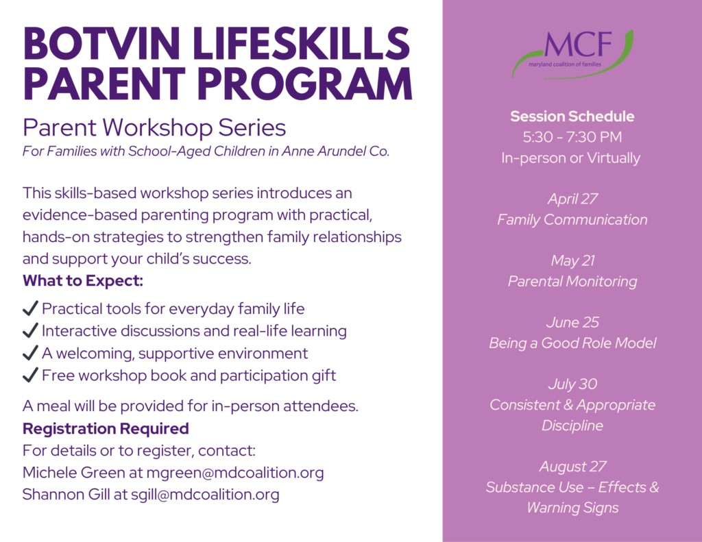 Botvin Lifeskills Parent Program - Workshop Series - Maryland Coalition ...